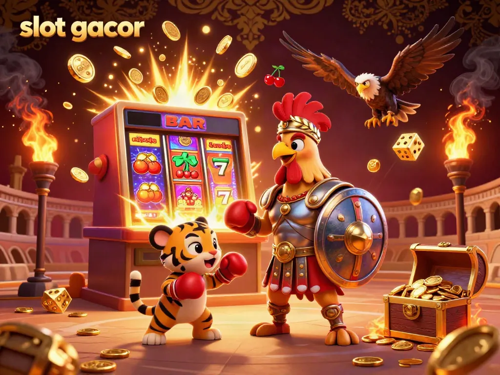 Experience the excitement of slot gacor featuring a gladiator rooster and a jackpot explosion in an electrifying setting.