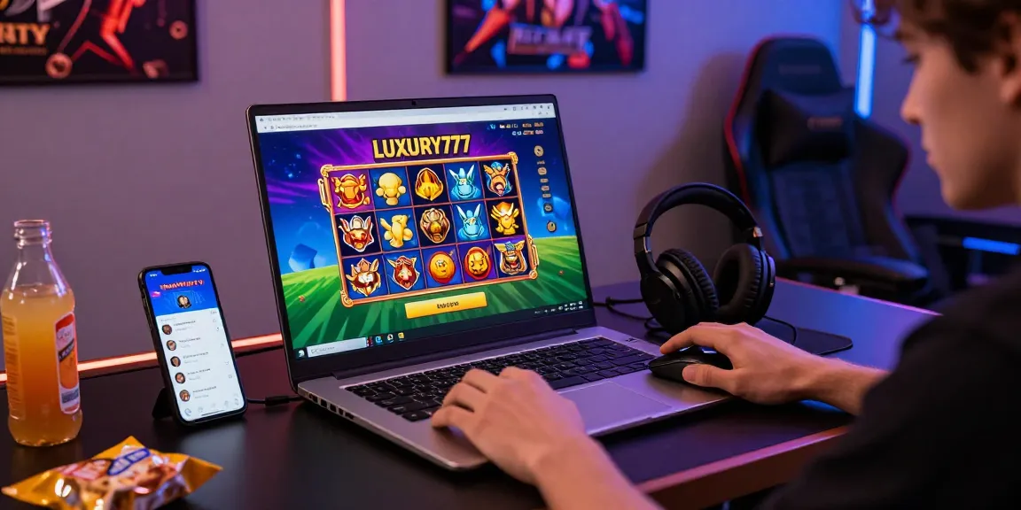 Cara Login LUXURY777 pada halaman permainan slot online, pengguna dengan laptop berwarna-warni dan aksesori gaming.