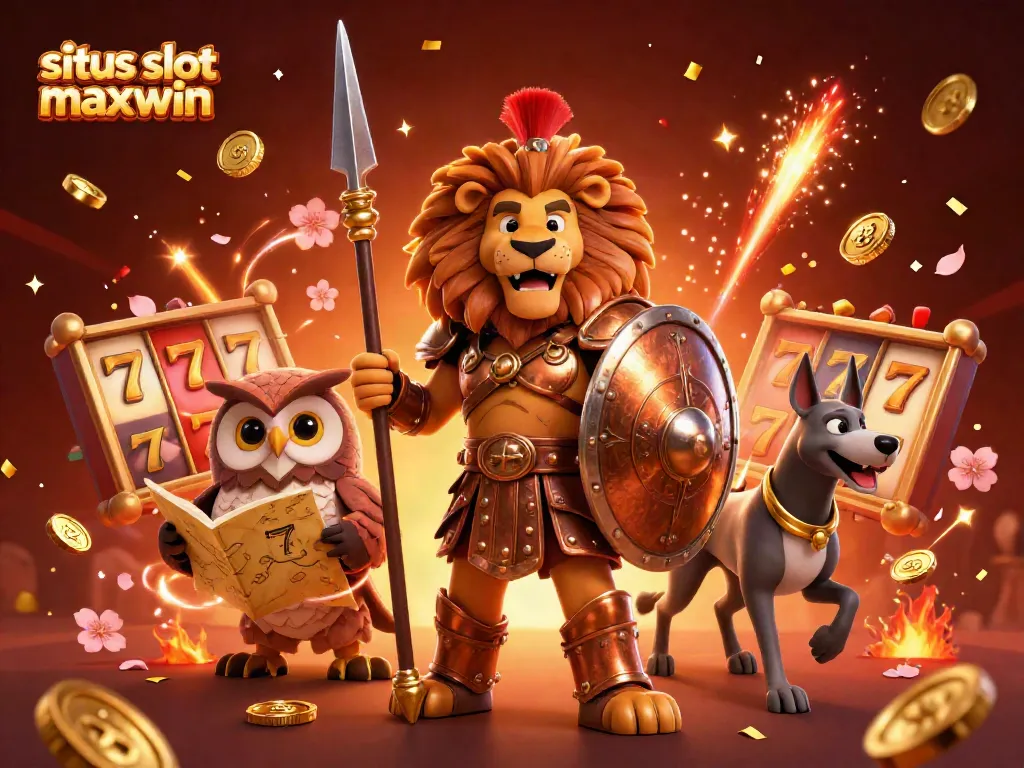 Experience situs slot gacor maxwin action with vibrant 3D gaming characters in a celebratory atmosphere.