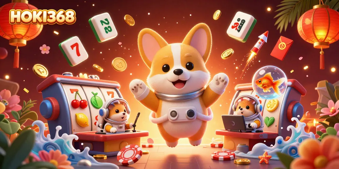Play HOKI368 in a vibrant space casino setting with a corgi astronaut and drifting poker chips.