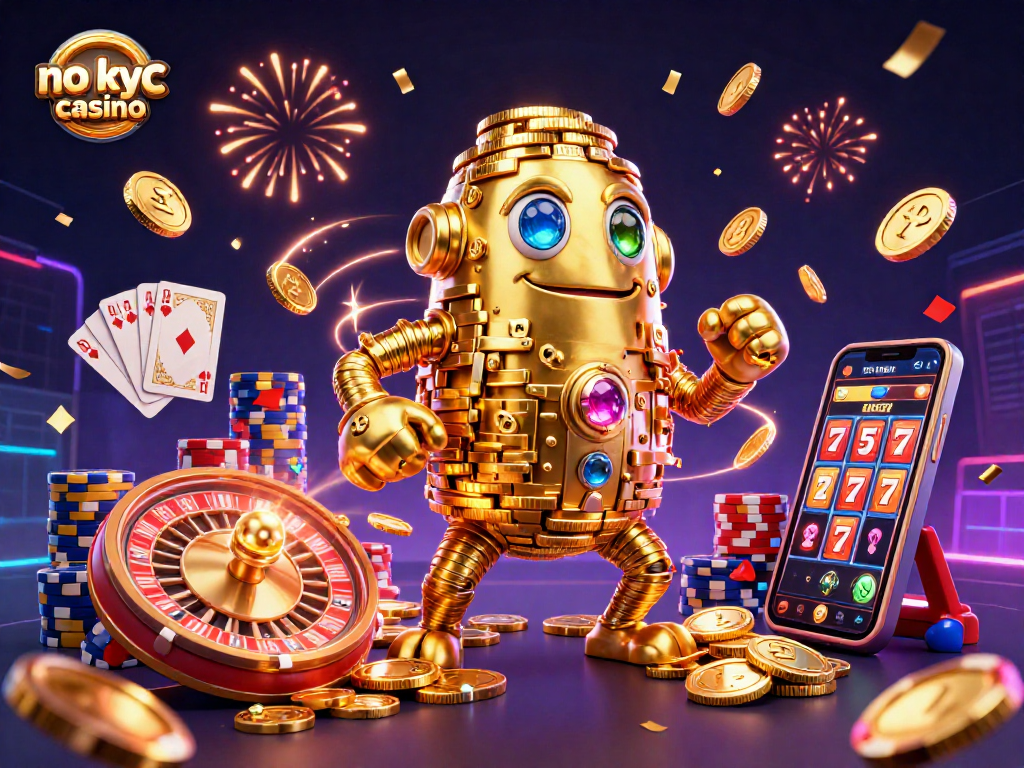 No KYC casino illustration showcasing a golden golem, coins, and a roulette wheel bursting with celebratory effects.