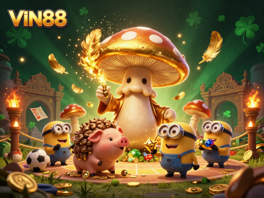 Experience thrilling sports betting action with VIN88, featuring a golden wizard and treasure-filled arena.