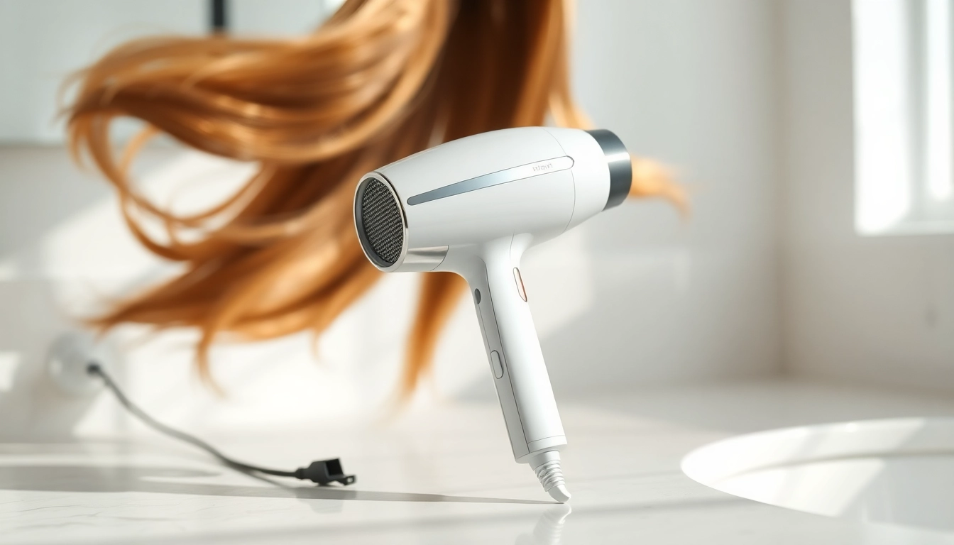 Ionen haartrockner mit glänzenden Haaren, präsentiert auf einem Badezimmerregal.