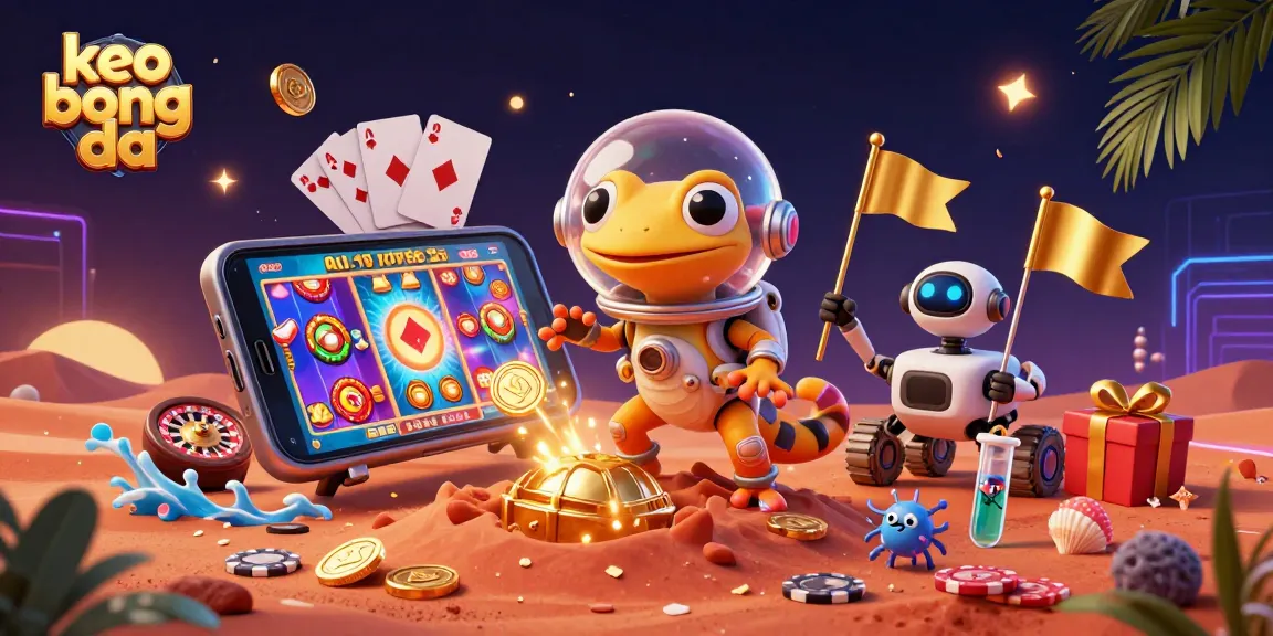 Experience the thrilling action of keo bong da in a vibrant scene with a Martian gecko discovering treasures of gold and slots in a digital casino.