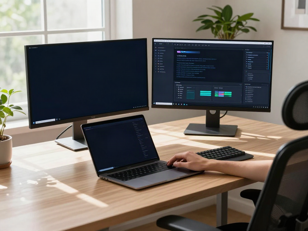 Developer working on v2rayN application with dual monitors in a modern workspace.