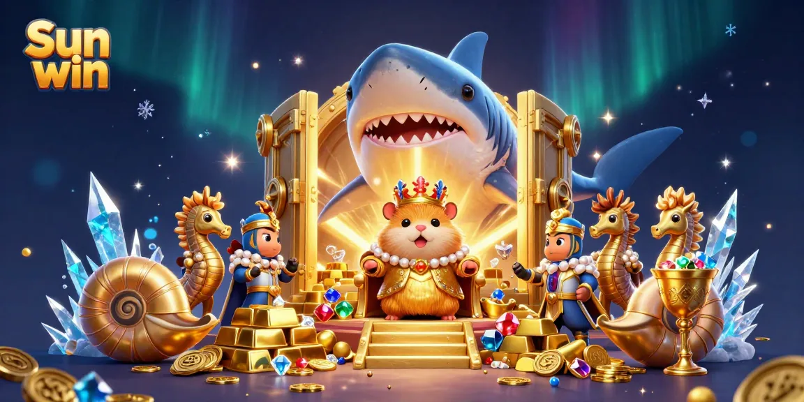 Sun win immersive gaming experience featuring a golden hamster king on a megalodon throne amongst treasures and casino elements.