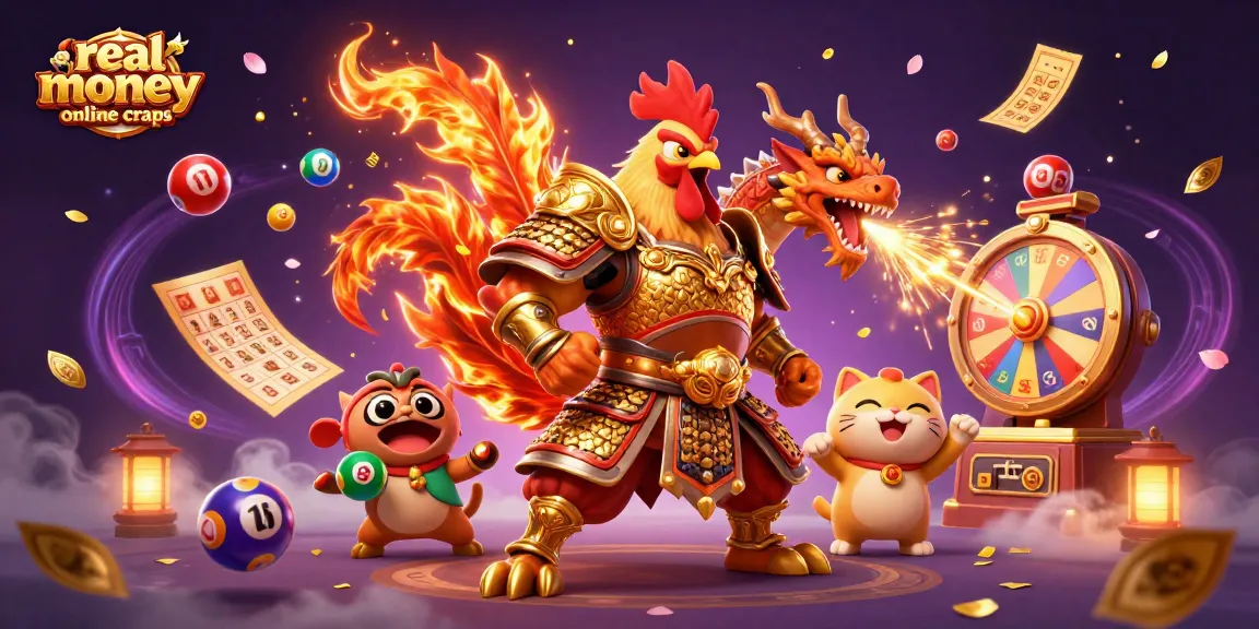 Experience real money online craps with a vibrant 3D illustration of a courageous rooster warrior and dragon hatchling.