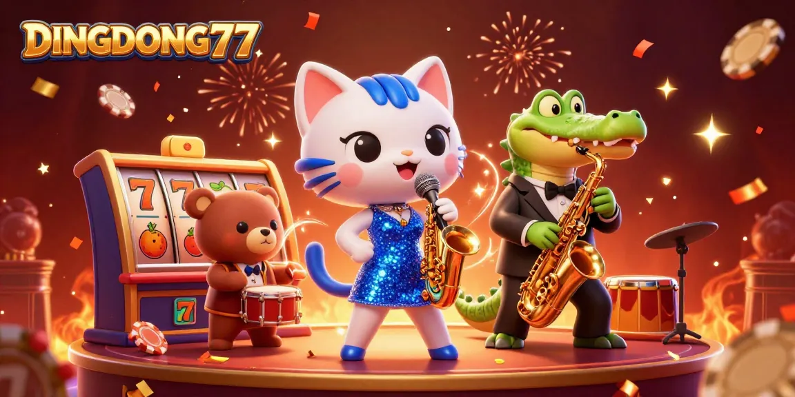 DINGDONG77 showcases a lively casino scene with characters enjoying a dynamic slot machine experience, celebrating wins.