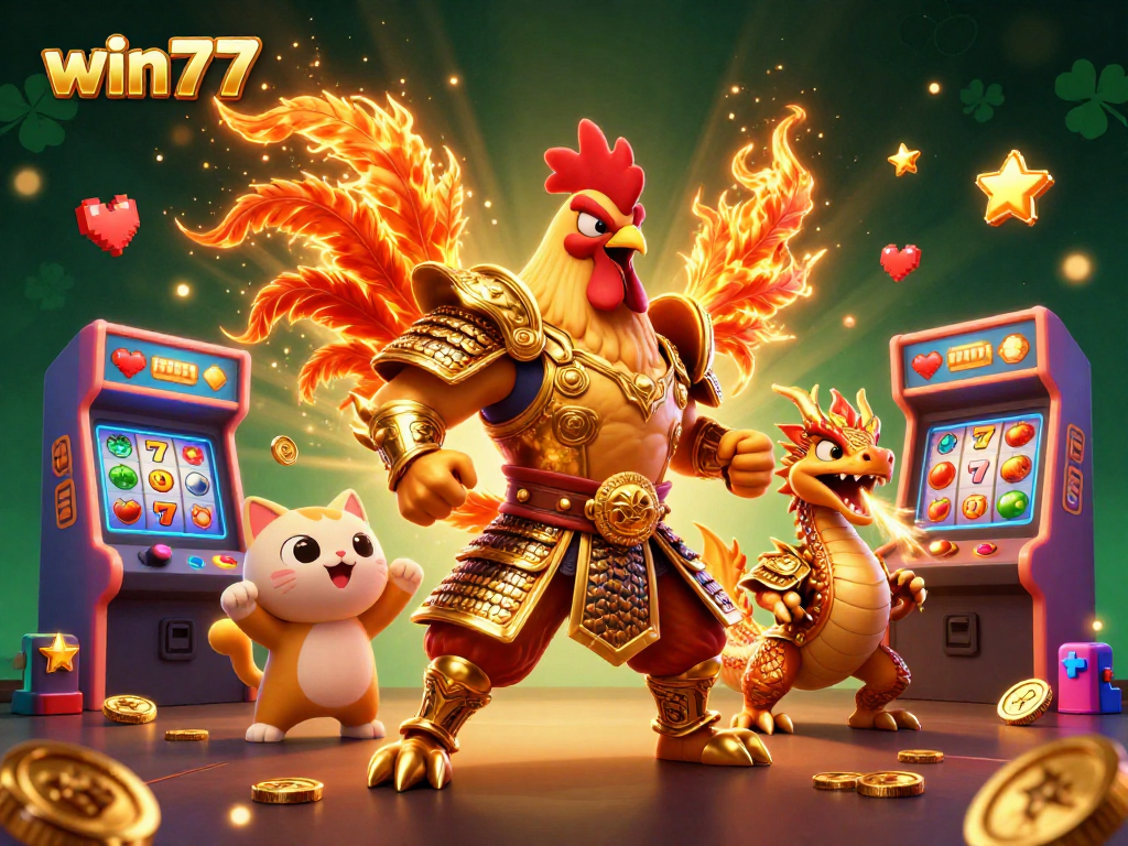 Raih kemenangan bermain win77 dengan citra kartun 3D yang menggambarkan petarung ayam dan naga menembakkan percikan keemasan.