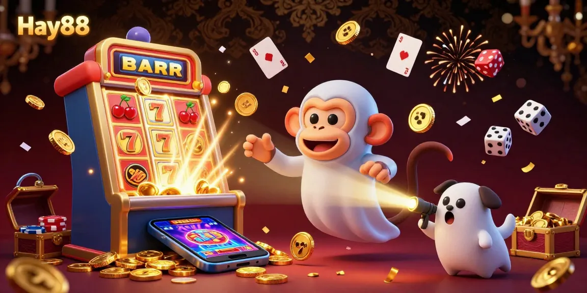 Experience thrilling casino action with Hay88, as a playful ghost-hunter puppy tracks a mischievous poltergeist monkey in a vibrant casino.