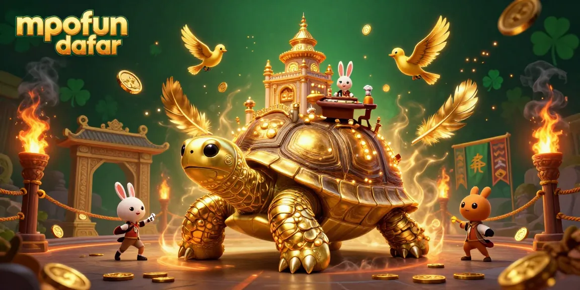 Bet big and win with mpofun daftar at the vibrant 3D casino scene, featuring a golden tortoise and lively dealers.