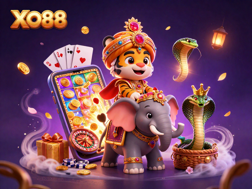 Experience the vibrant world of XO88 with a royal maharaja, jewel-encrusted elephant, and swirling casino elements.