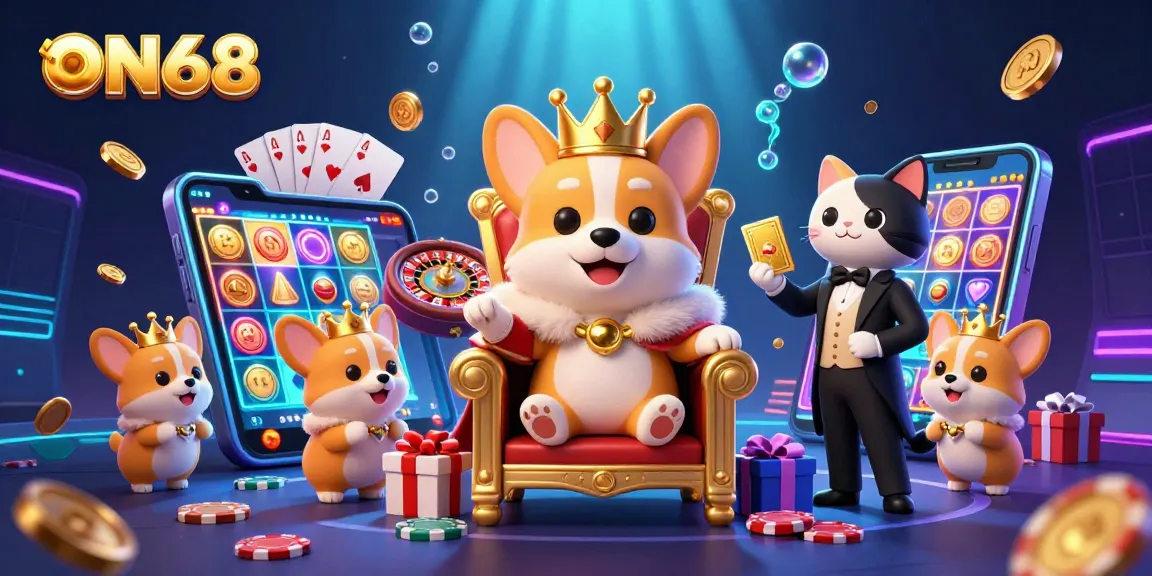 Engage with ON68's royal gaming experience featuring a majestic corgi, live casino elements, and dynamic slot games.