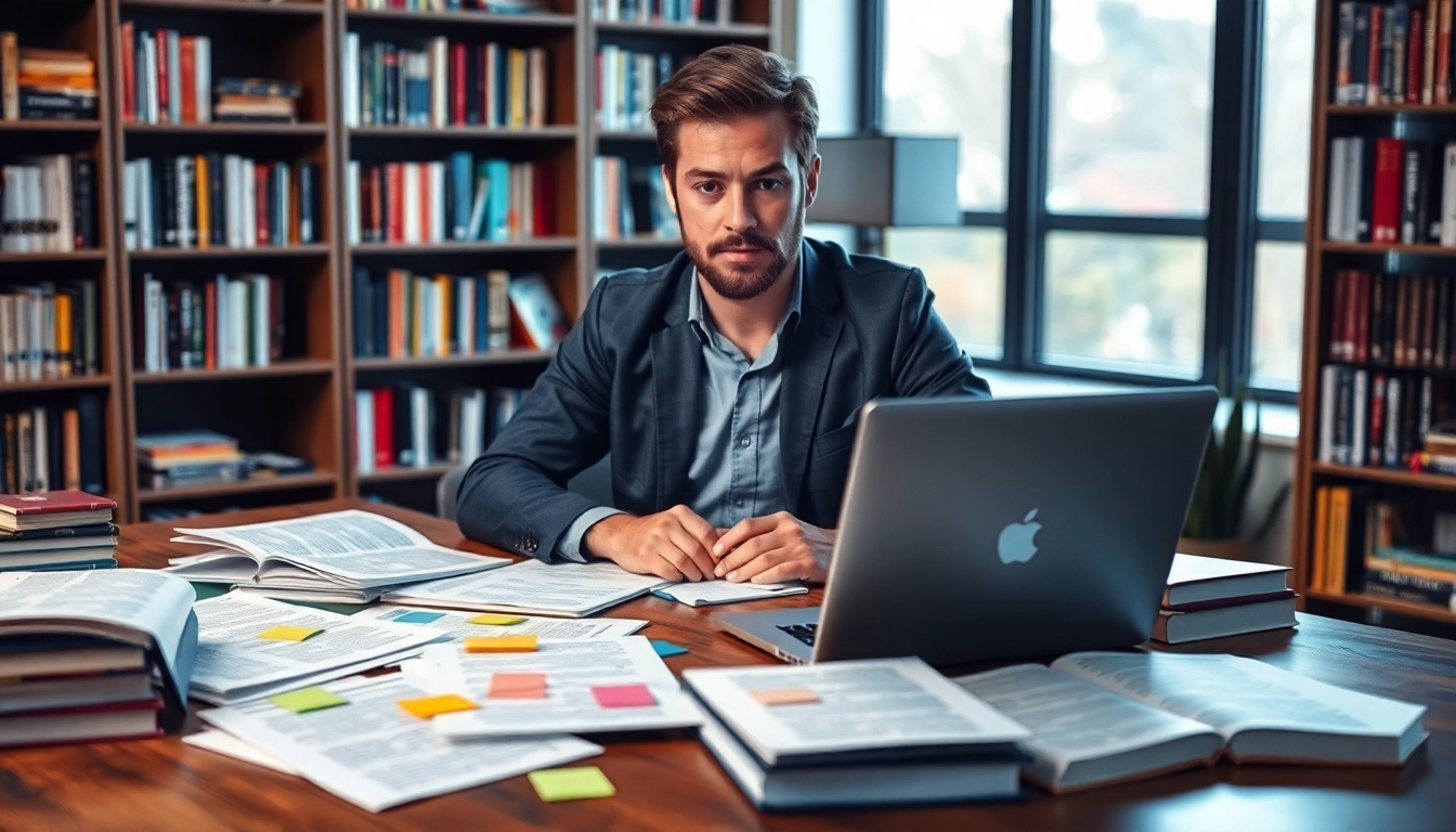 Inspiring scene of a self publisher working on book drafts at a bright desk.
