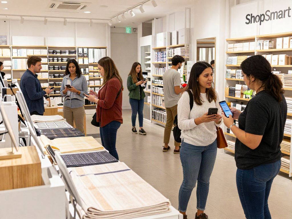 Shopsmart shoppers exploring eco-friendly products in a bright retail space.