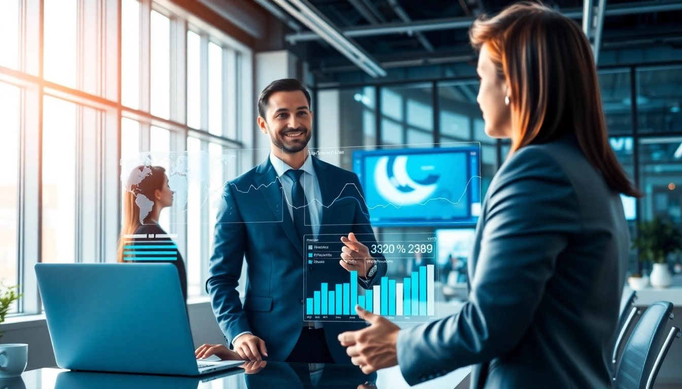 Sales AI Agent showcasing advanced analytics in a modern office, enhancing client engagement.