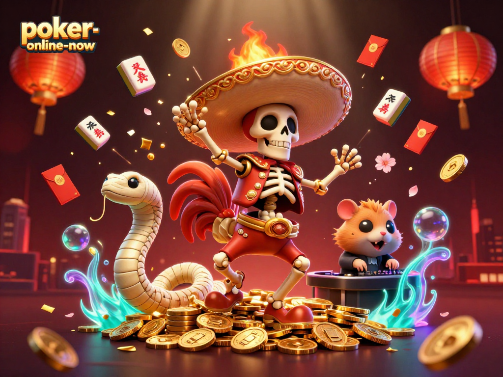 Engage with poker-online-now through a vibrant casino experience featuring a victorious mariachi rooster.