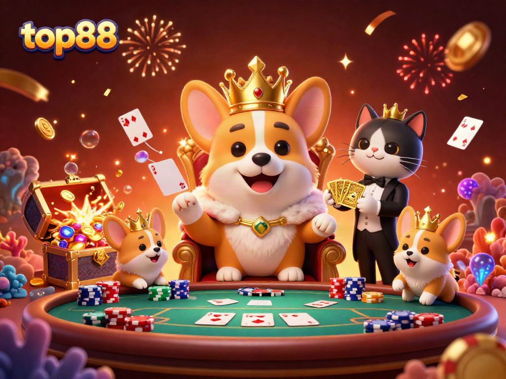 Engage with top88's lively scene featuring a royal corgi on a poker throne amidst vibrant casino elements.