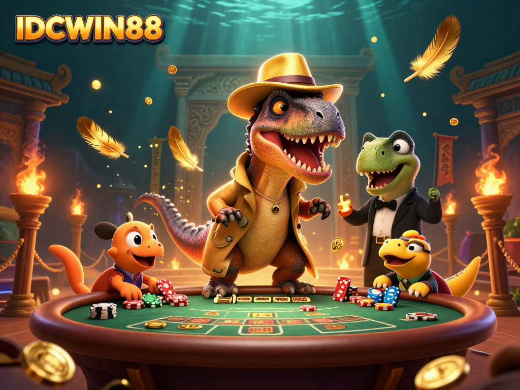 Engage with thrilling IDCWIN88 blackjack strategies in vibrant casino atmosphere featuring cartoon dinosaurs.