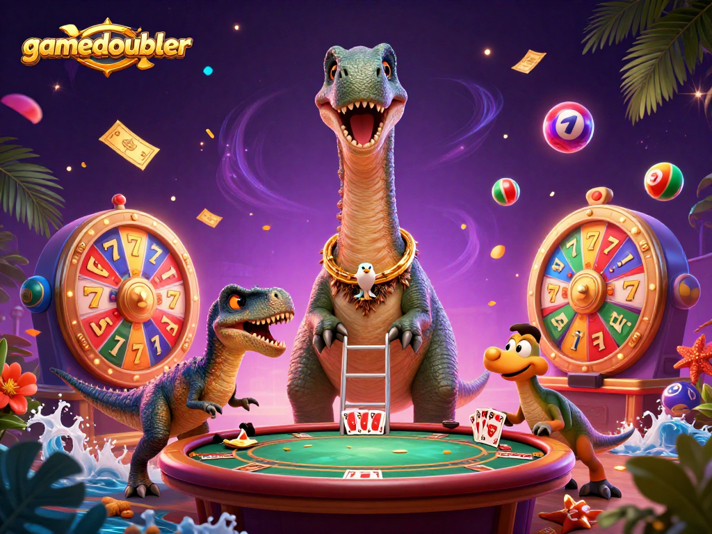 Experience the excitement of gamedoubler with vibrant game elements and characters in a colorful casino scene.