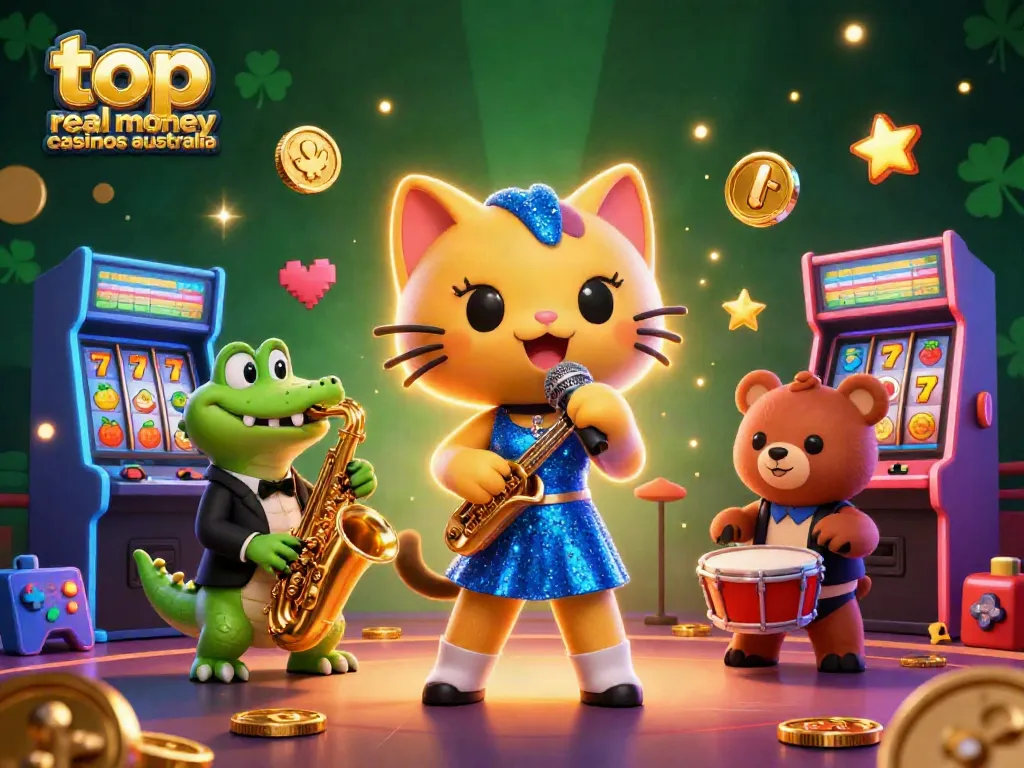 Experience the excitement at top real money casinos Australia with vibrant characters and glowing casino elements.