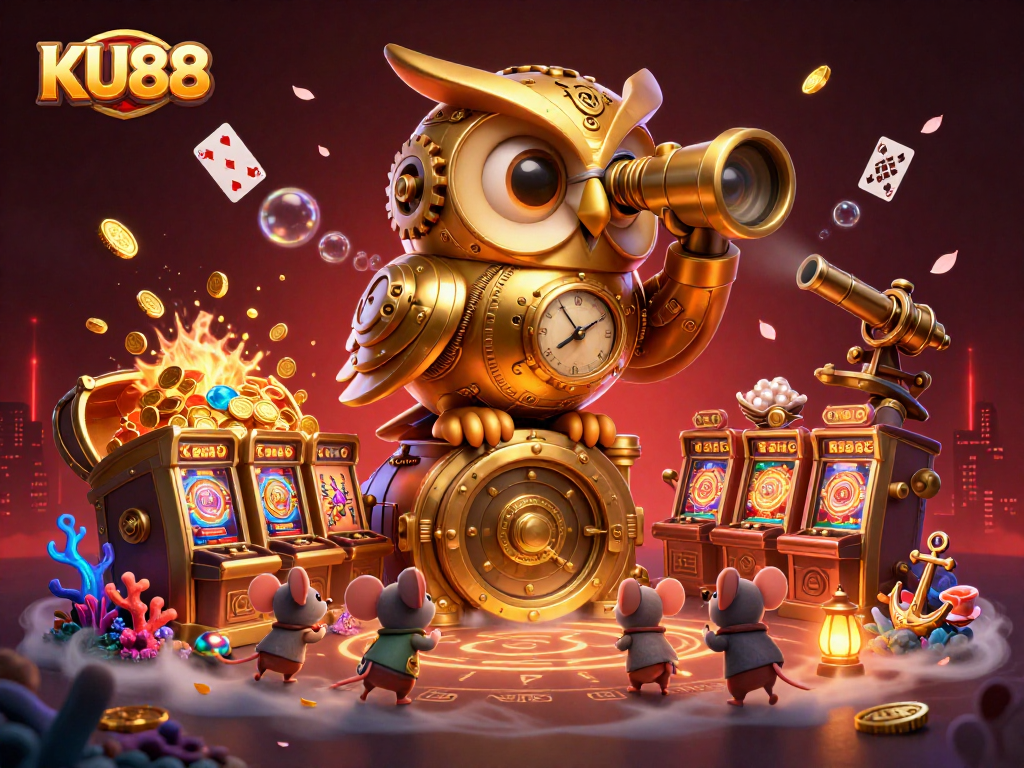 Experience the excitement of KU88 with a vibrant 3D casino illustration showcasing gold and gems.