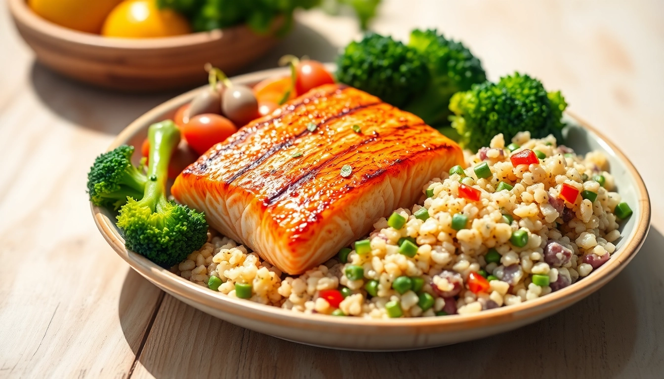 Healthy meal for diet for Hashimoto's thyroiditis showcasing salmon, quinoa, and broccoli.