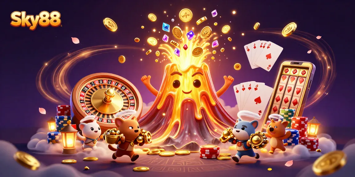 Sky88 engages players by showcasing vibrant casino elements and treasures in an artistic eruption of excitement.