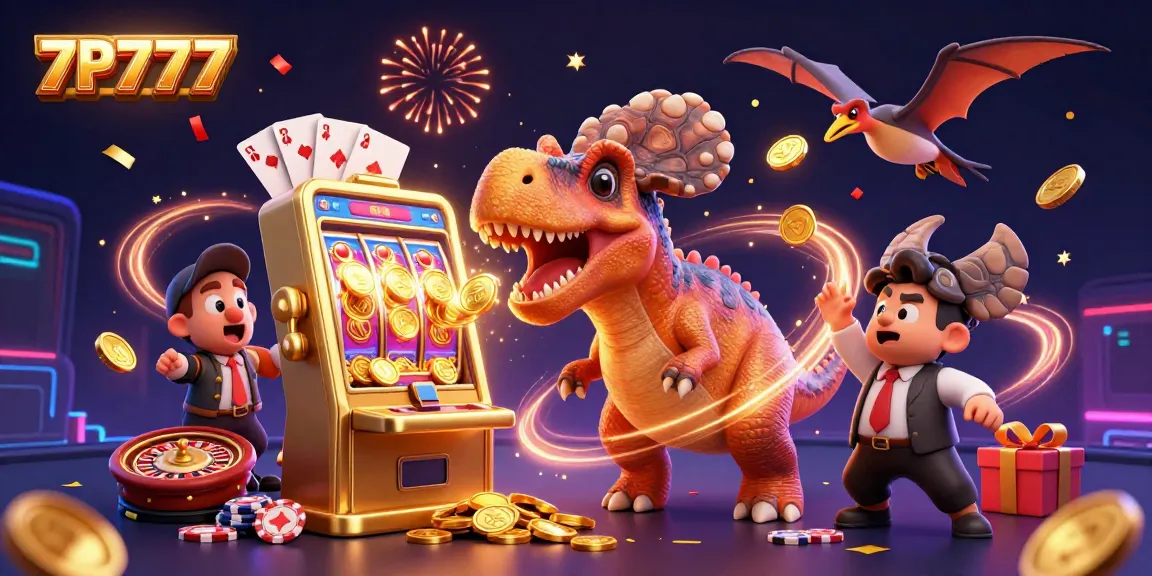 7P777 slots scene with vibrant dinosaur characters enjoying a jackpot win amid casino excitement.