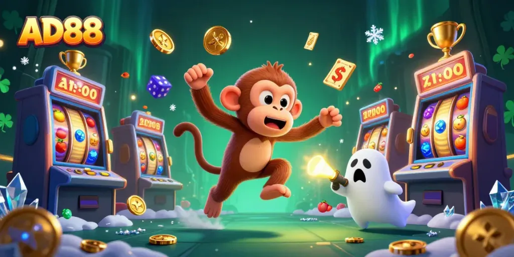 Engaging scene of AD88's playful poltergeist monkey juggling golden casino items with a curious puppy shining a flashlight in pursuit.