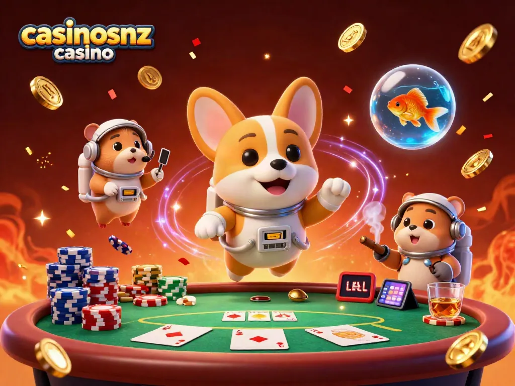 Poker action at casinosnz casino with a floating corgi astronaut, mission hamster, and goldfish amidst gaming excitement.