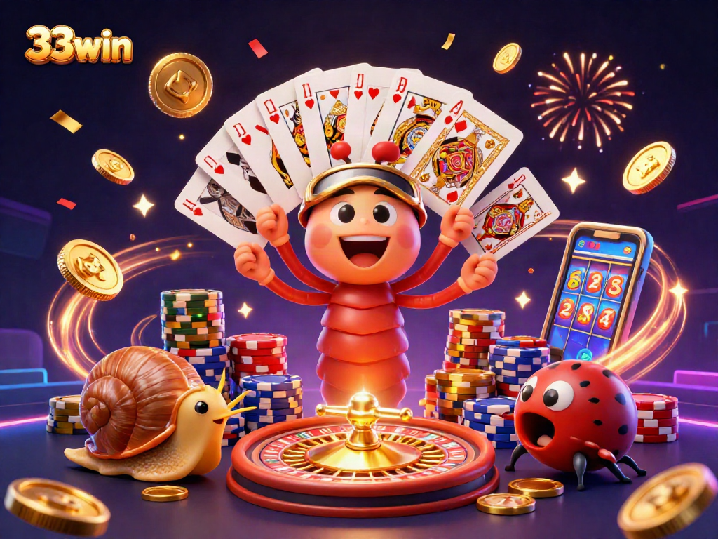 33win celebrates thrilling casino action with vibrant characters and spinning roulette wheels surrounded by sparkles.