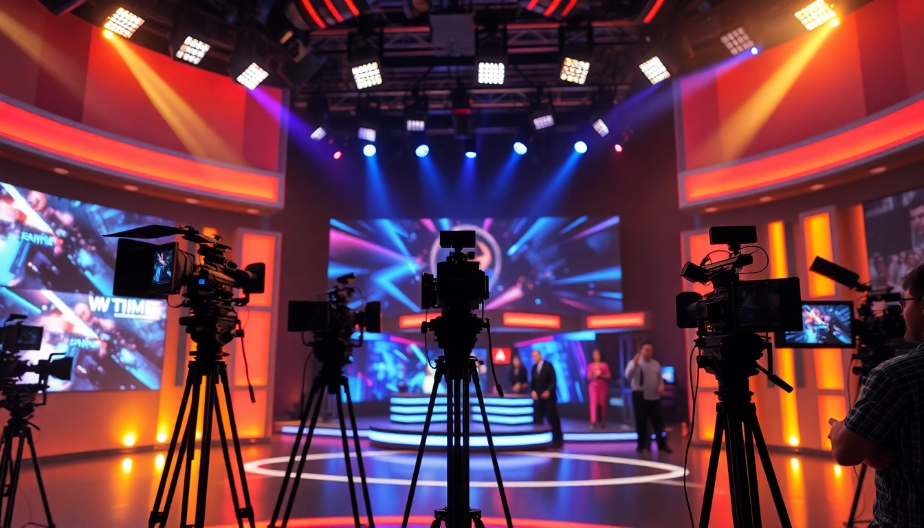 Transmiterea showtime în studio de televiziune modern, plin de energie și profesionalism.