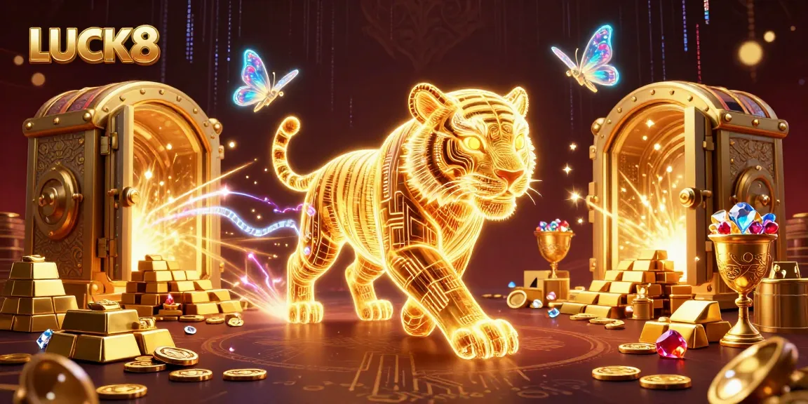 LUCK8 casino showcases a vibrant scene with a golden tiger and treasure-rich elements.
