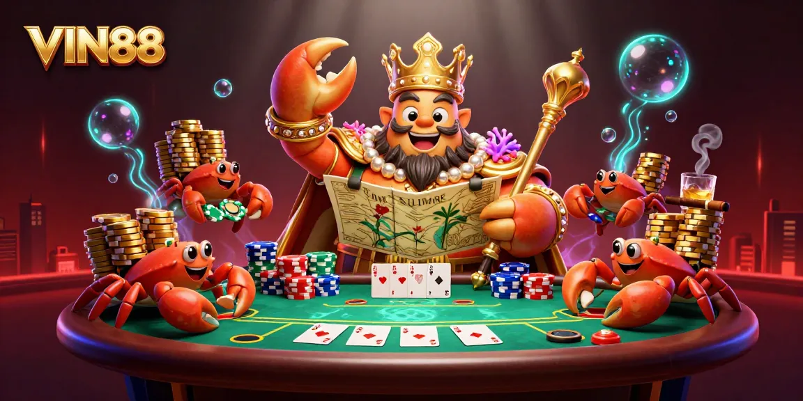 Experience the thrill of VIN88 with a vibrant 3D illustration of a golden crab emperor and poker elements.