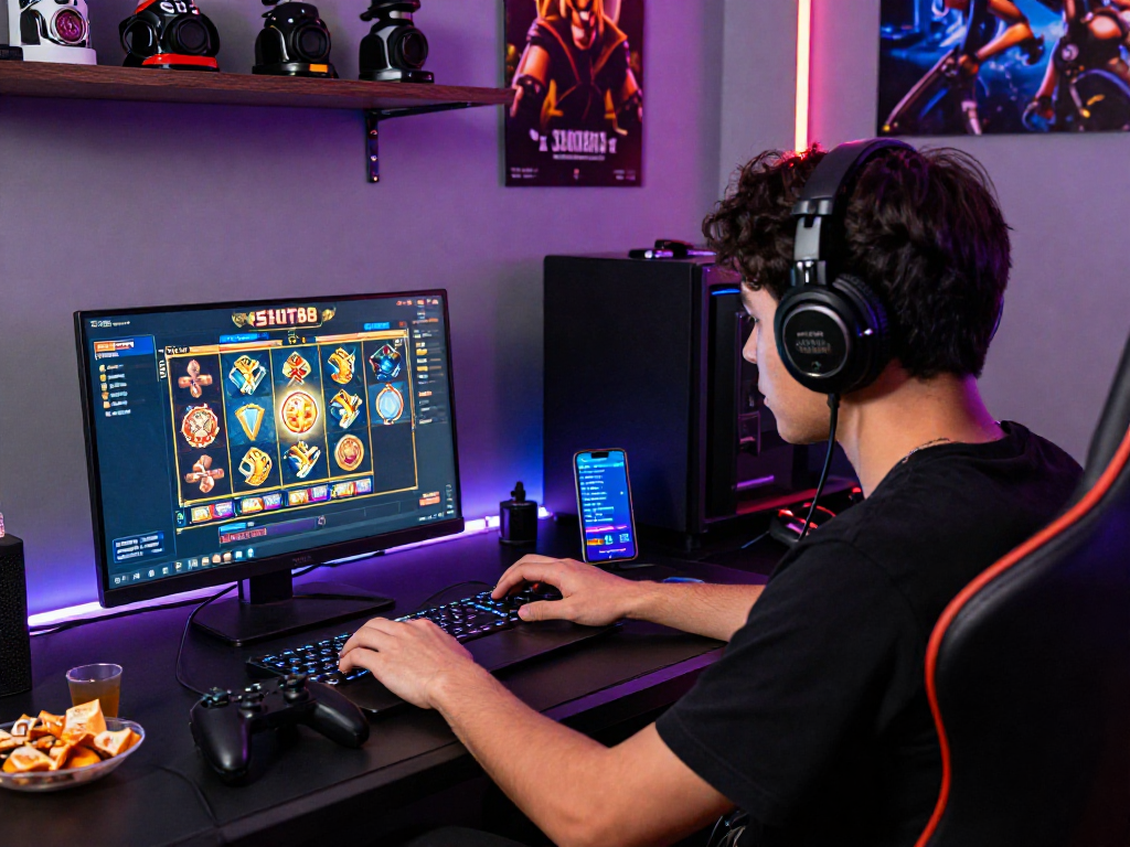 Pengalaman bermain slot88 secara online dengan pemain fokus pada layar dan suasana energik di ruangan gaming.
