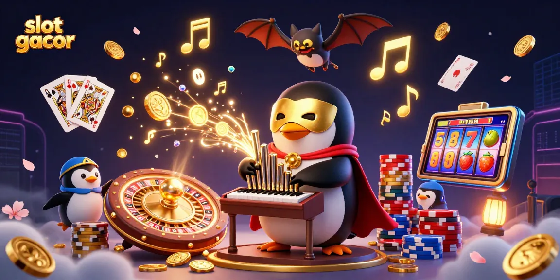Experience slot gacor action with a vibrant 3D illustration of a penguin and casino elements.