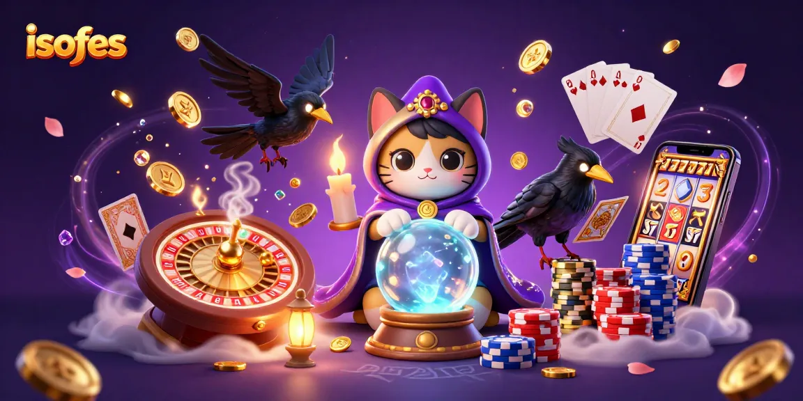 Engage in thrilling isofes gaming with a cosmic cat and raven amid magical casino elements.