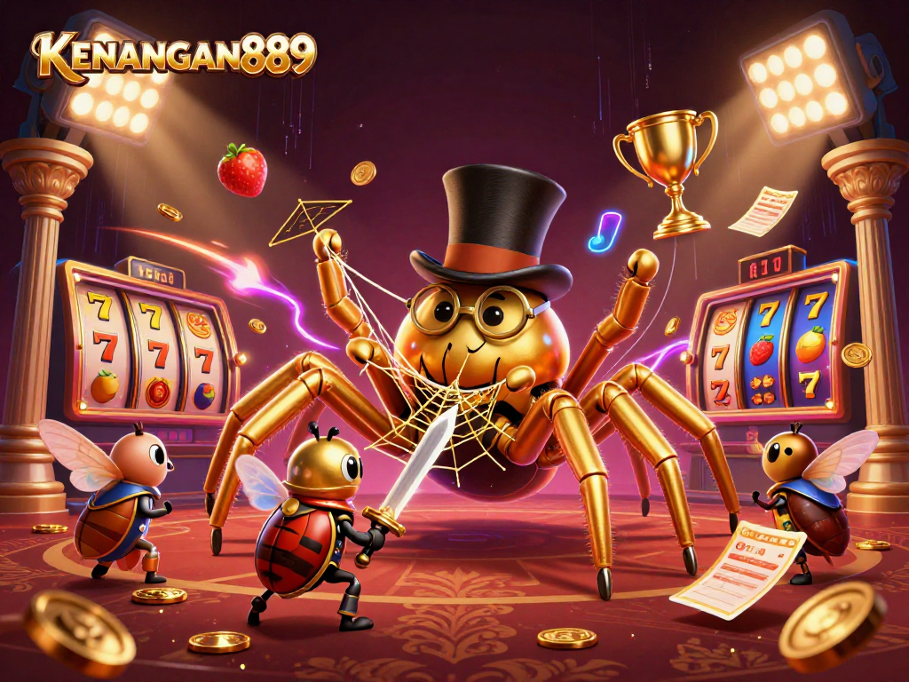 Bet on exciting slot games at KENANGAN889 while encountering thrilling characters in a vibrant casino scene.