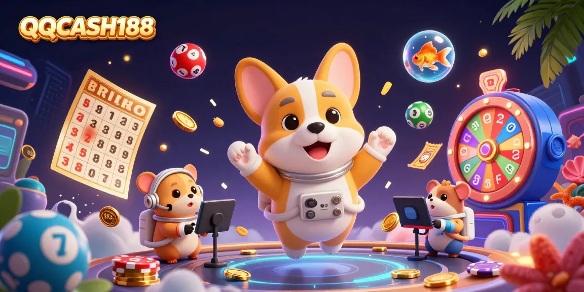 Experience the thrilling world of QQCASH188 with an astronaut corgi and exciting casino elements.