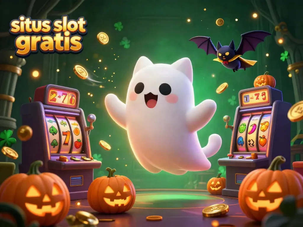 Experience the thrill of situs slot gratis with a friendly ghost cat and glowing poker jack-o-lanterns in a haunted casino.