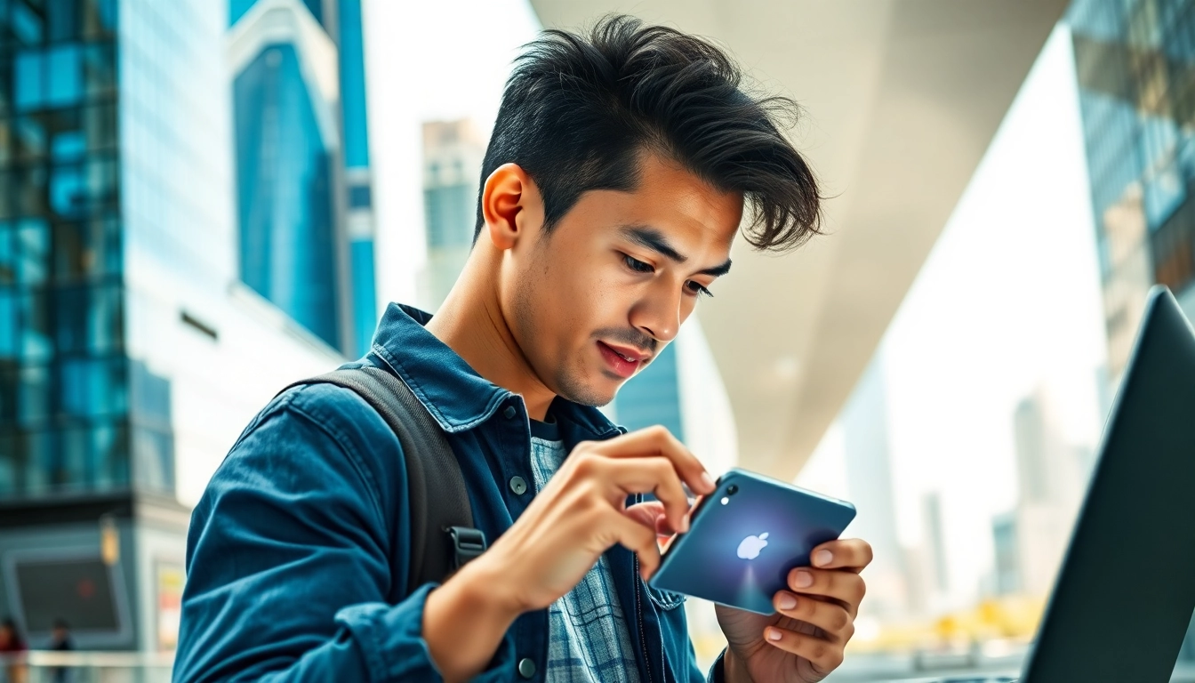 Mannenvisie.nl toont een moderne man die technologie gebruikt in een levendige stedelijke omgeving.