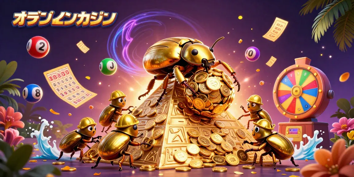 オンラインカジノで金色のコインのボールを運ぶビートルの絵。