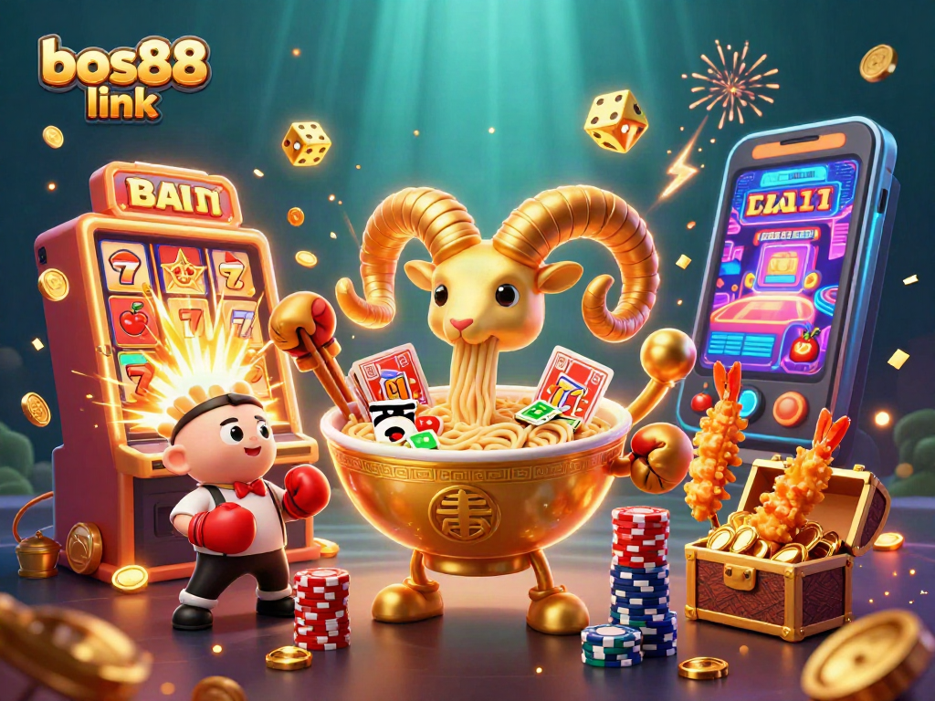 Bermain slot seru di bos88 link dengan karakter ramen emas dan teman-teman dalam suasana kasino penuh warna.