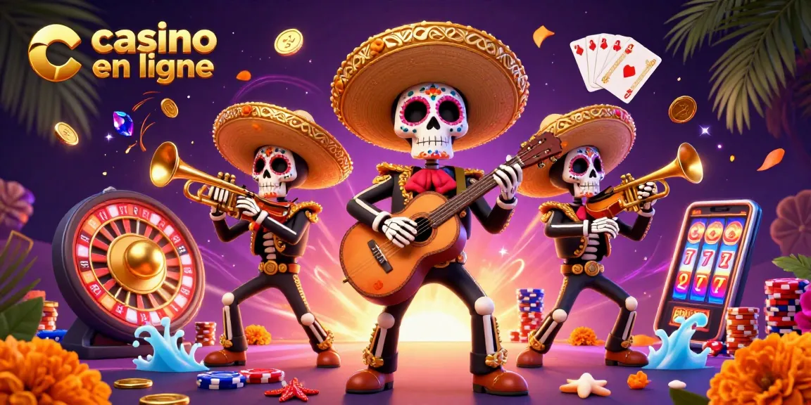 Profitez d'une expérience immersive de casino en ligne avec une illustration colorée de mariachis et d'éléments de jeu.