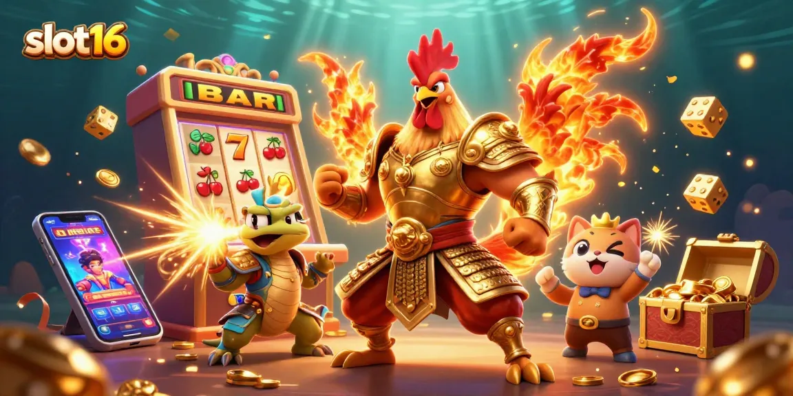 Engage with slot16's vibrant casino illustration showcasing a fighting rooster, dragon, and fortune cat amidst dynamic slot machine action.