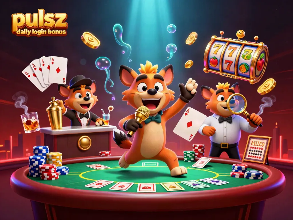 Experience the pulsz daily login bonus with fun casino characters in a vibrant, dynamic scene.
