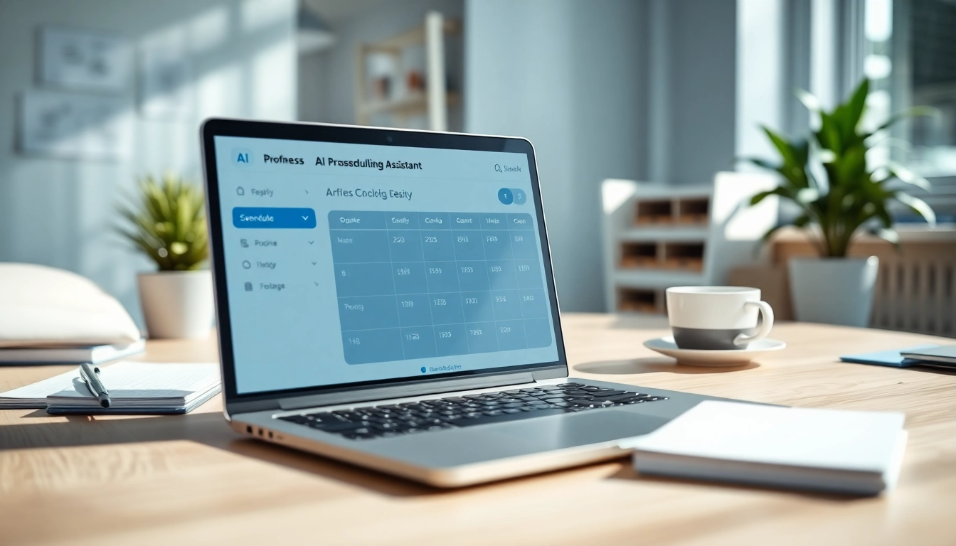 Streamlined interface for AI scheduling for executives displayed on a laptop in an organized office space.