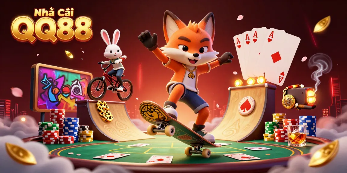 Experience Nhà cái QQ88 with a vibrant illustration of casino fun featuring clever characters and iconic gaming elements.