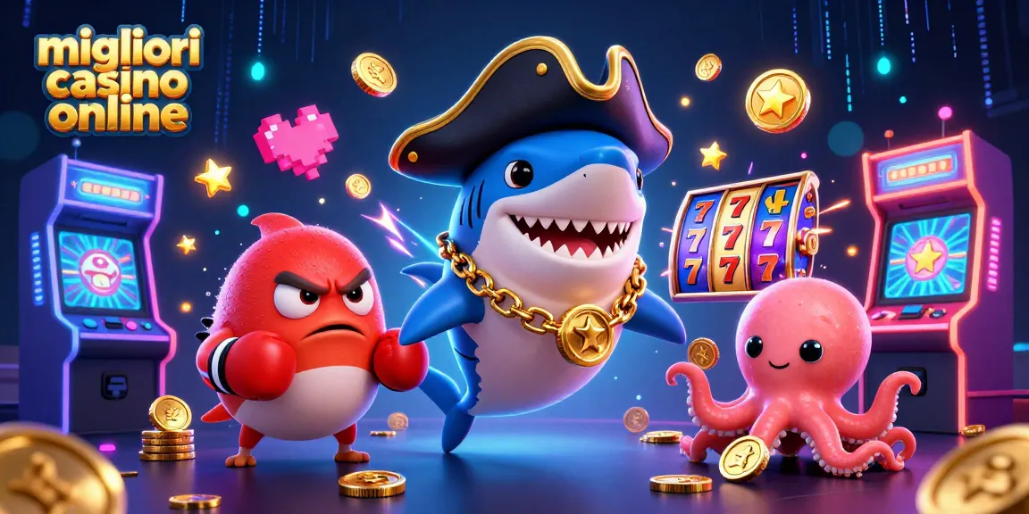Esplora i migliori casino online con un'immagine vivace che include uno squalo pirata e un polpo a tema gioco.